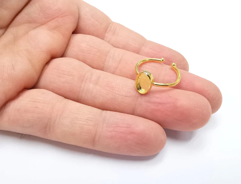 Shiny Gold Ring Bezels Settings Resin Backs Cabochon Mounting Gold Plated Brass Adjustable Ring Base (9x6mm blank) G26680