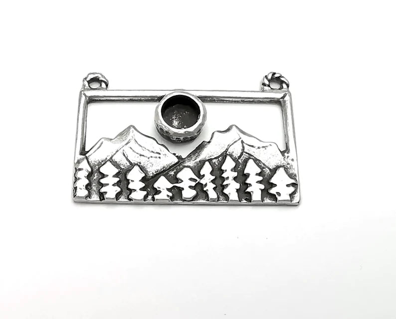 Mountain Landscape Forest Pine Tree Pendant Blank Resin Bezel Mounting Cabochon Base Setting Antique Silver Plated Charms (6mm Blank) G26911