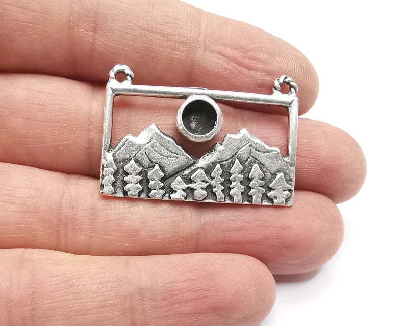 Mountain Landscape Forest Pine Tree Pendant Blank Resin Bezel Mounting Cabochon Base Setting Antique Silver Plated Charms (6mm Blank) G26911