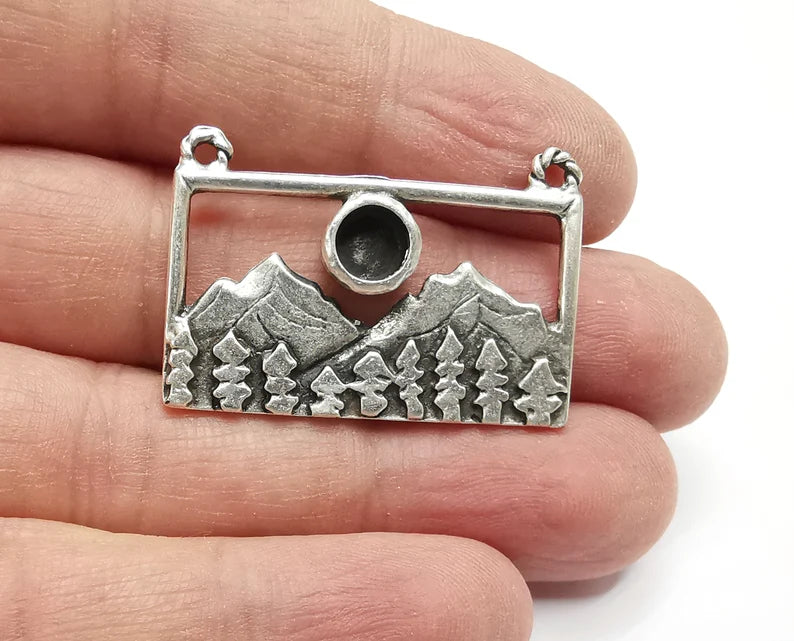 Mountain Landscape Forest Pine Tree Pendant Blank Resin Bezel Mounting Cabochon Base Setting Antique Silver Plated Charms (6mm Blank) G26911