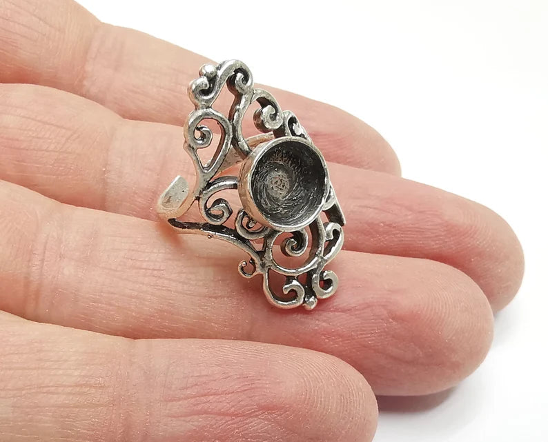 Branch Ring Blanks Silver Round Ring Setting Cabochon Mounting Adjustable Ring Base Bezel Antique Silver Plated Brass (8mm) G26912