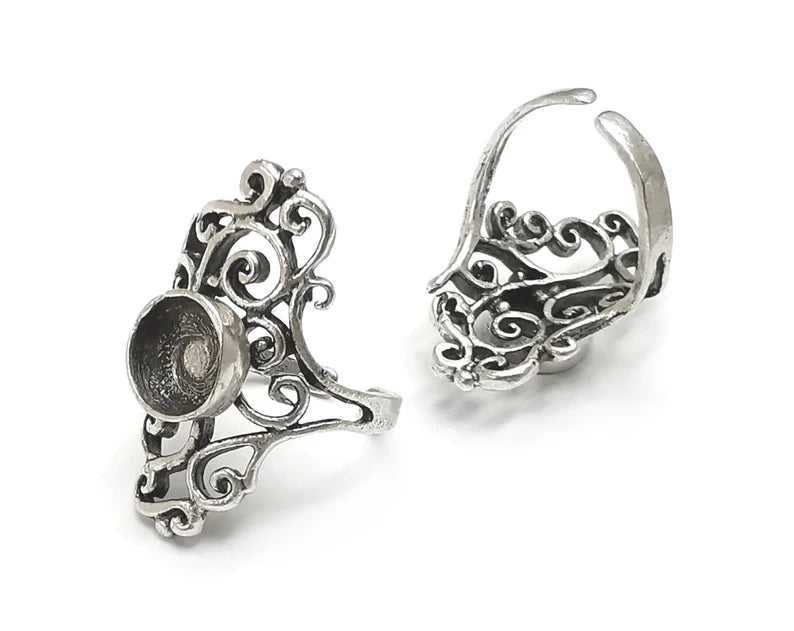 Branch Ring Blanks Silver Round Ring Setting Cabochon Mounting Adjustable Ring Base Bezel Antique Silver Plated Brass (8mm) G26912