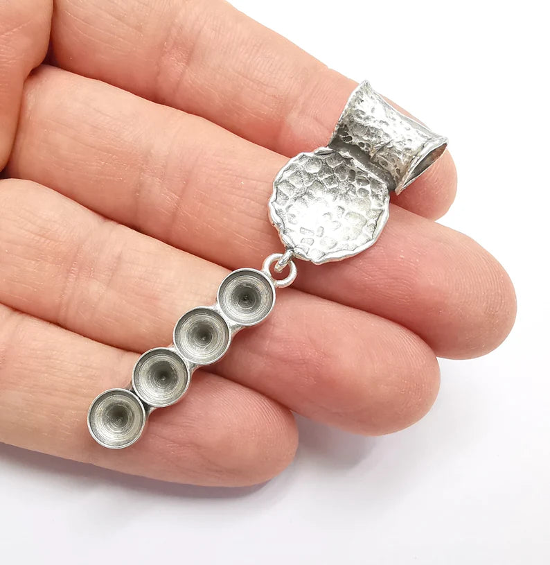 Hammered Dangle Pendant Blank Resin Bezel Mosaic Mountings Cabochon Setting Antique Silver Plated Brass (63x14mm)(8mm Bezel ) G26916