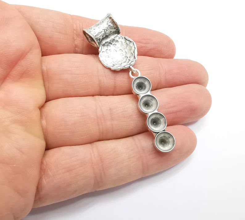 Hammered Dangle Pendant Blank Resin Bezel Mosaic Mountings Cabochon Setting Antique Silver Plated Brass (63x14mm)(8mm Bezel ) G26916