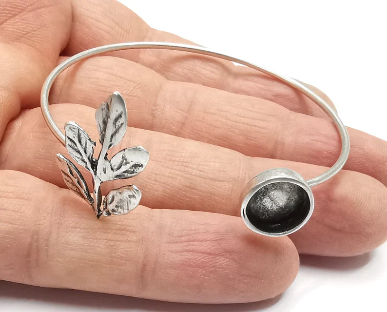Branch Leaf Silver Bracelet Blank Resin Cuff Dry Bezel Cabochon Base Adjustable Antique Silver Plated Brass (10mm Blank) G26918