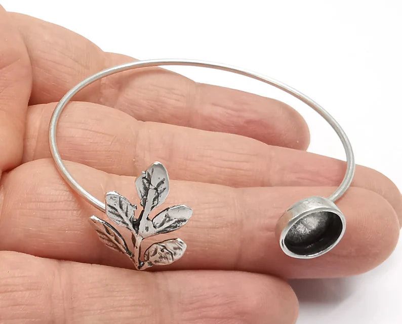 Branch Leaf Silver Bracelet Blank Resin Cuff Dry Bezel Cabochon Base Adjustable Antique Silver Plated Brass (10mm Blank) G26918