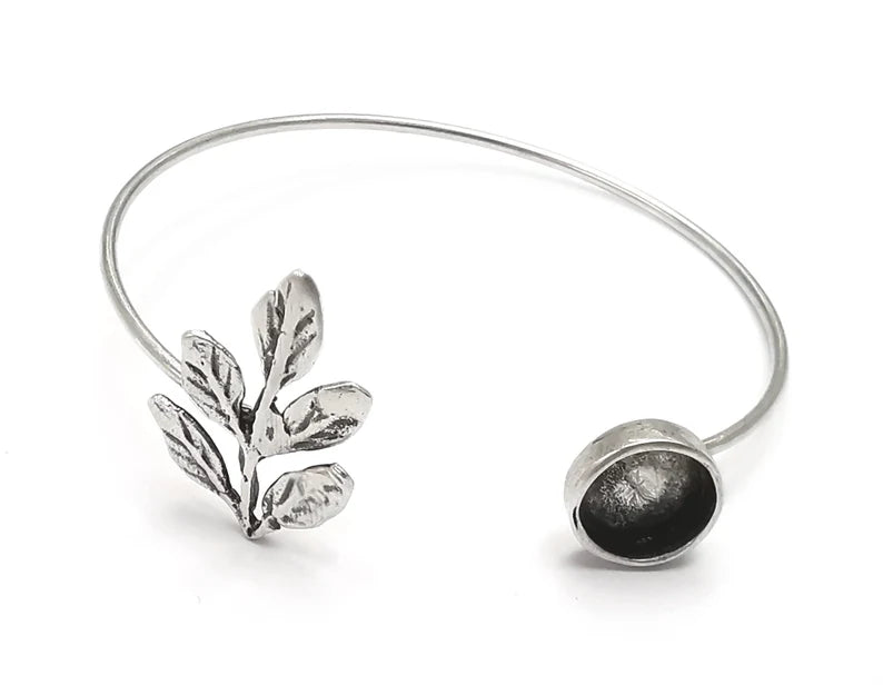 Branch Leaf Silver Bracelet Blank Resin Cuff Dry Bezel Cabochon Base Adjustable Antique Silver Plated Brass (10mm Blank) G26918
