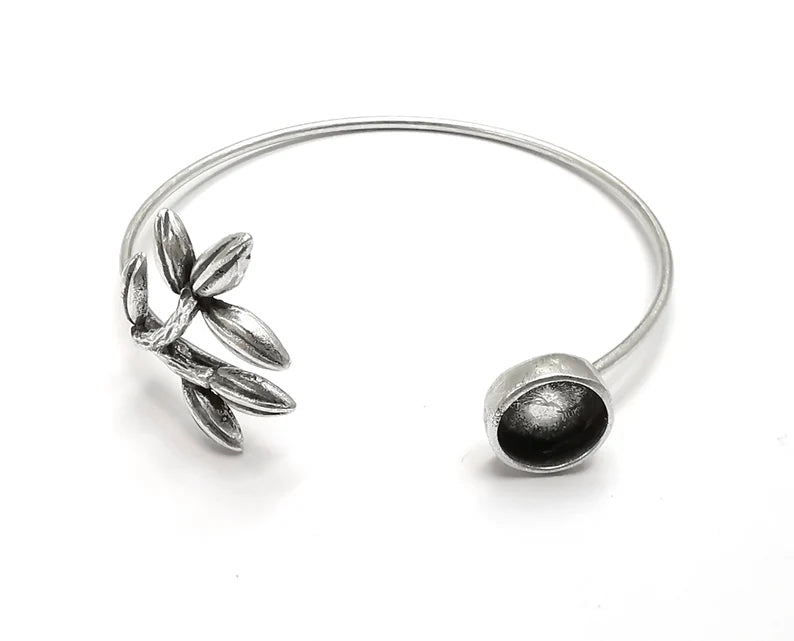 Branch Leaf Silver Bracelet Blank Resin Cuff Dry Bezel Cabochon Base Adjustable Antique Silver Plated Brass (10mm Blank) G26922