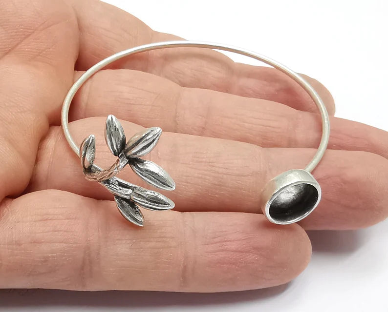 Branch Leaf Silver Bracelet Blank Resin Cuff Dry Bezel Cabochon Base Adjustable Antique Silver Plated Brass (10mm Blank) G26922
