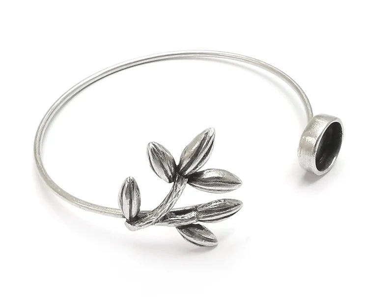 Branch Leaf Silver Bracelet Blank Resin Cuff Dry Bezel Cabochon Base Adjustable Antique Silver Plated Brass (10mm Blank) G26922