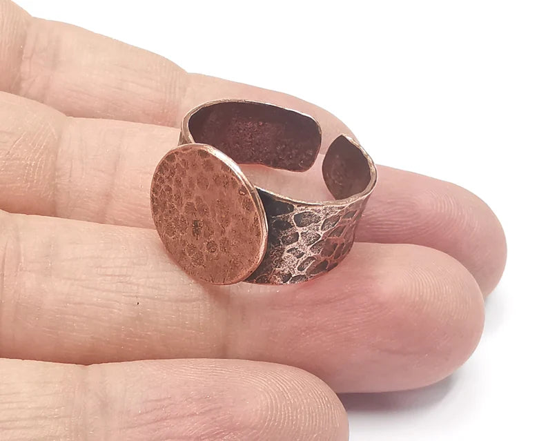 Hammered Adjustable Ring Blank (Large Size) (15mm blank ) Antique Copper Plated Brass G26684