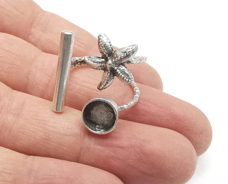 Starfish Rod Blank Silver Ring Setting Cabochon Mounting Adjustable Ring Base Bezel Antique Silver Plated Brass (8mm blank) G26925