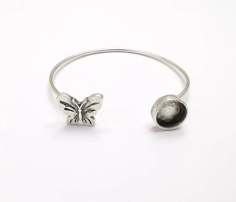 Silver Butterfly Bracelet Blanks Resin Cuff Dry Bezel Cabochon Base Adjustable Antique Silver Plated Brass (10mm Blanks) G26934