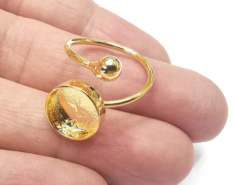 Shiny Gold Ball Head Ring Bezels Ring Settings Resin Ring Backs Cabochon Mounting Gold Plated Brass Adjustable Ring Base (12mm blank) G26690