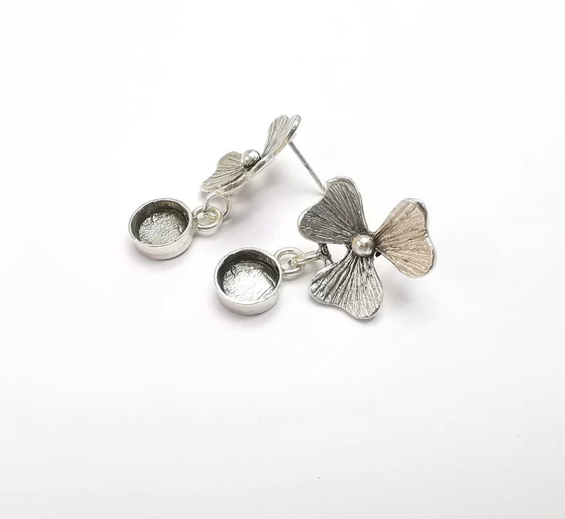 Flower Round Earring Set Base Wire Antique Silver Plated Brass Earring Base (8mm blank) G26936