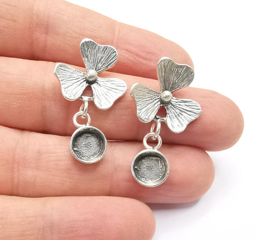 Flower Round Earring Set Base Wire Antique Silver Plated Brass Earring Base (8mm blank) G26936