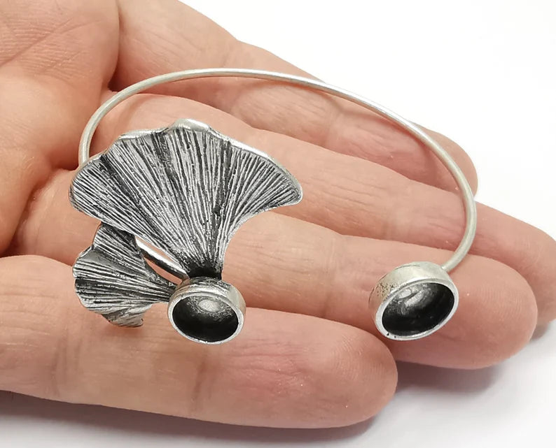 Ginkgo Leaf Bracelet Brass Cuff Blank Bezel Glass Cabochon Base Adjustable Antique Silver Plated Brass (10 and 8mm Blank ) G26937
