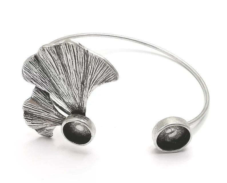 Ginkgo Leaf Bracelet Brass Cuff Blank Bezel Glass Cabochon Base Adjustable Antique Silver Plated Brass (10 and 8mm Blank ) G26937