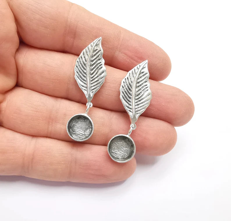 Leaf Silver Earring Set Base Wire Antique Silver Plated Brass Earring Base ( 10mm Blank ) G26943