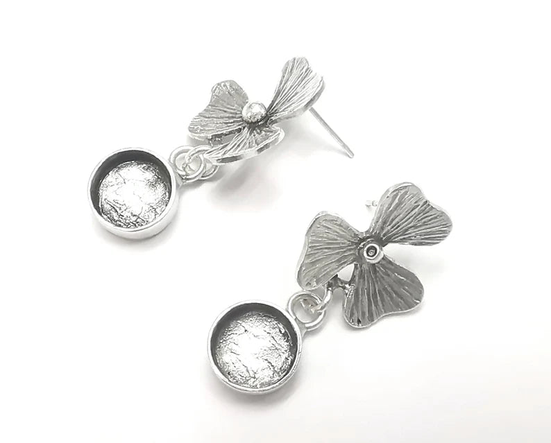 Flower Round Silver Earring Set Base Wire Antique Silver Plated Brass Earring Base (10mm blank) G26949