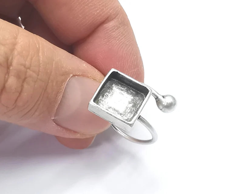 Ring Blanks Silver Square Ring Setting Cabochon Mounting Adjustable Ring Base Bezel Antique Silver Plated Brass (8mm Blank) G26694