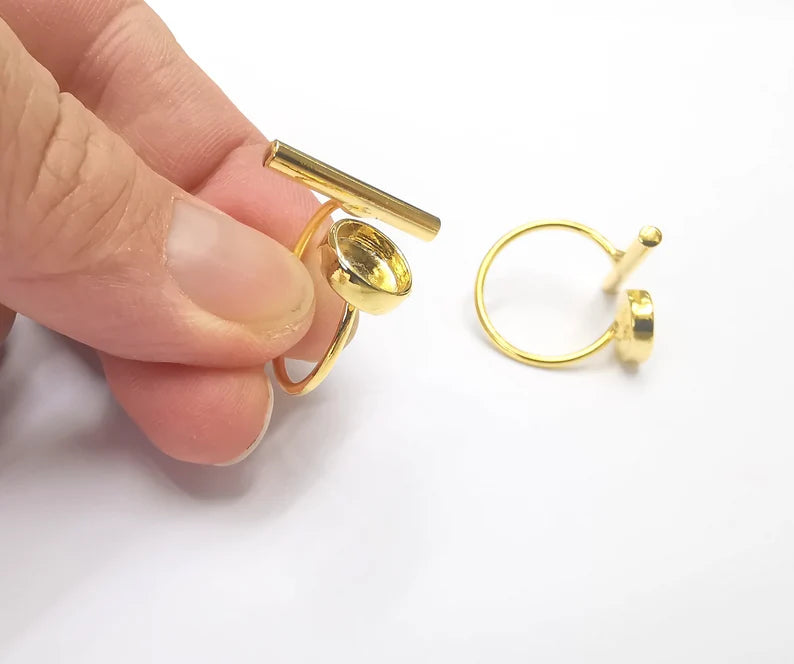 Rod Round Shiny Gold Ring Bezels Settings Resin Backs Cabochon Mounting Gold Plated Brass Adjustable Ring Base (8mm blank) G26698