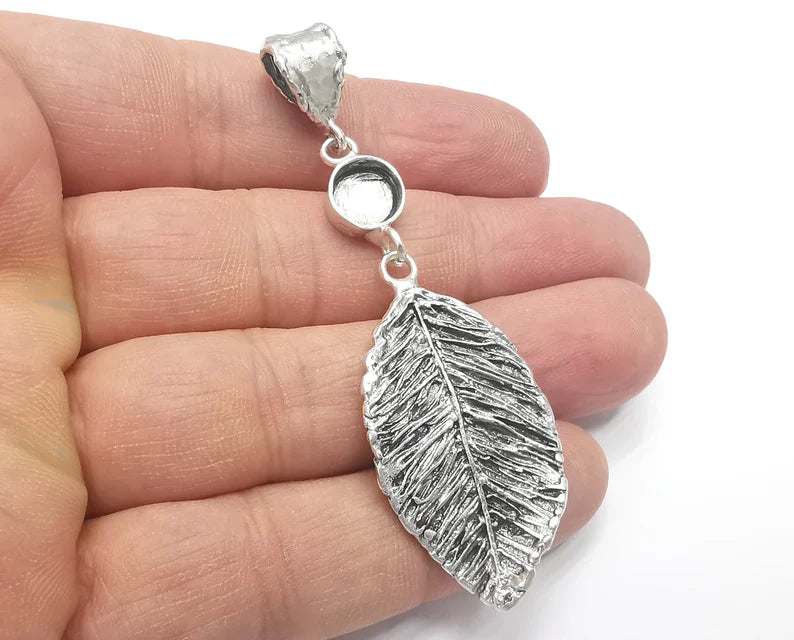 Leaf Dangle Pendant Blank Resin Bezel Mosaic Mountings Cabochon Setting Antique Silver Plated Brass (75x23mm)(8mm Bezel Size) G26696