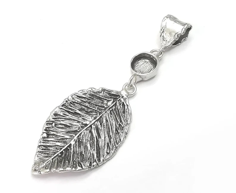 Leaf Dangle Pendant Blank Resin Bezel Mosaic Mountings Cabochon Setting Antique Silver Plated Brass (75x23mm)(8mm Bezel Size) G26696