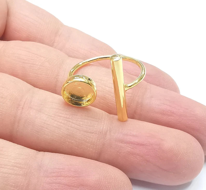 Rod Round Shiny Gold Ring Bezels Settings Resin Backs Cabochon Mounting Gold Plated Brass Adjustable Ring Base (8mm blank) G26698