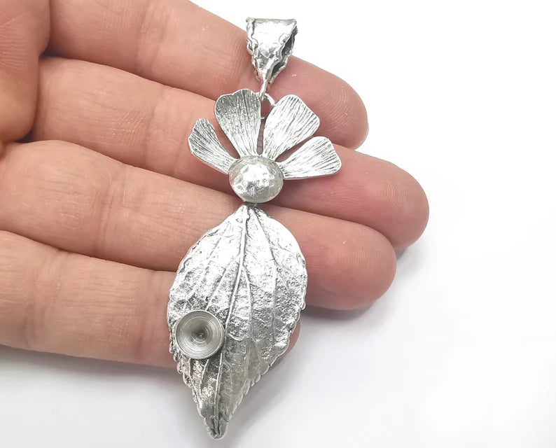 Leaf Flower Dangle Pendant Blank Resin Bezel Mosaic Mountings Cabochon Setting Antique Silver Plated Brass (80x24mm)(8mm Bezel Size) G26703