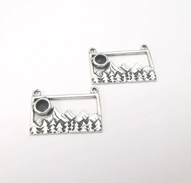 Mountain Landscape Forest Pine Tree Pendant Blank Resin Bezel Mounting Cabochon Base Setting Antique Silver Plated Charms (6mm Blank) G26712
