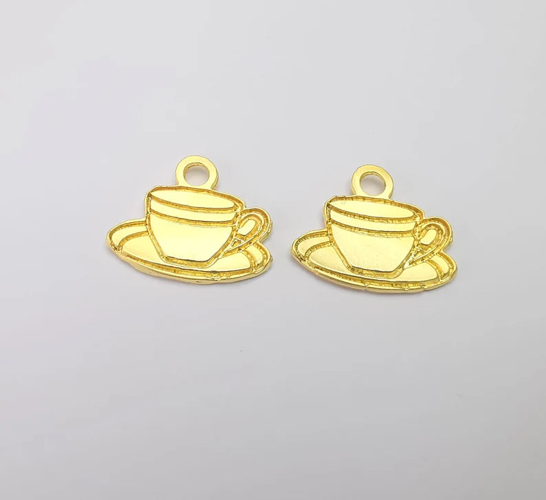 2 Coffee Cup Charms Gold Plated Charms (30x25mm) G26706