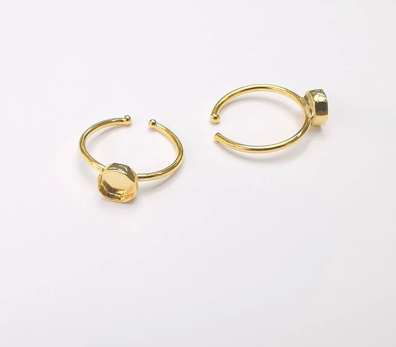 Shiny Gold Octagon Ring Bezels Settings Resin Backs Cabochon Mounting Gold Plated Brass Adjustable Ring Base (6mm blank) G26707