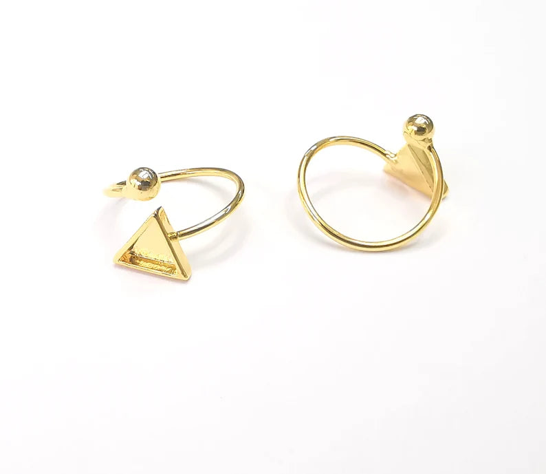 Ball Head Triangle Shiny Gold Ring Bezels Settings Resin Backs Cabochon Mounting Gold Plated Brass Adjustable Ring Base (8mm blank) G26714