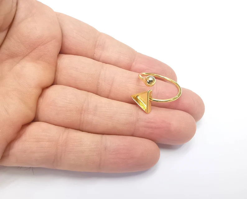 Ball Head Triangle Shiny Gold Ring Bezels Settings Resin Backs Cabochon Mounting Gold Plated Brass Adjustable Ring Base (8mm blank) G26714