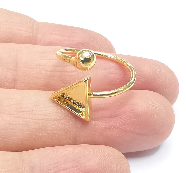 Ball Head Triangle Shiny Gold Ring Bezels Settings Resin Backs Cabochon Mounting Gold Plated Brass Adjustable Ring Base (8mm blank) G26714