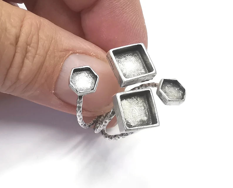 Textured Hexagon Square Silver Ring Setting Blank Cabochon Mounting Adjustable Ring Base Bezel Antique Silver Plated Brass (8-6 mm) G26717