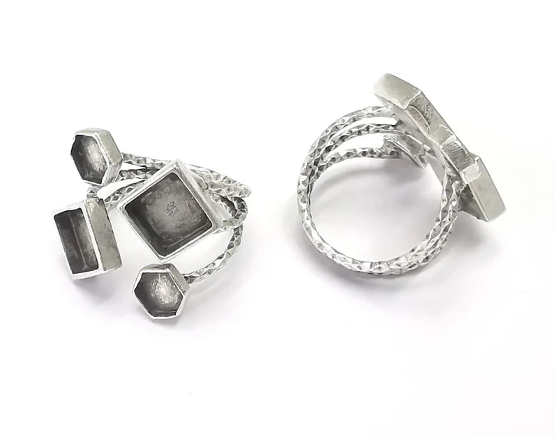 Textured Hexagon Square Silver Ring Setting Blank Cabochon Mounting Adjustable Ring Base Bezel Antique Silver Plated Brass (8-6 mm) G26717