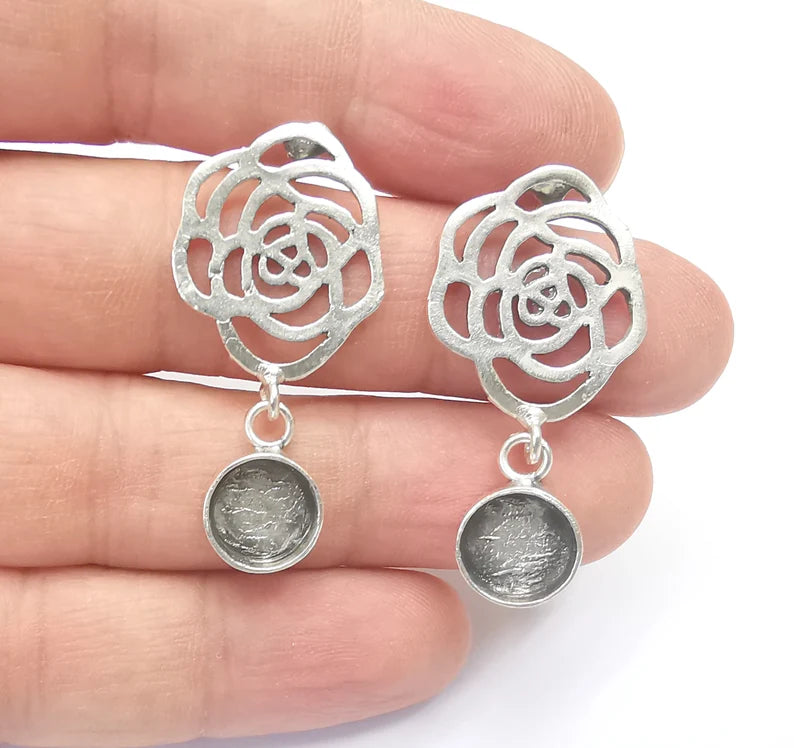 Rose Flower Dangle Earring Base Wire Earring Blank Antique Silver Plated Brass Earring Base (10mm blank) G26716