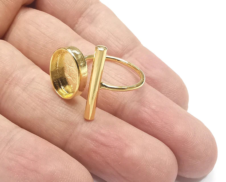 Rod Oval Shiny Gold Ring Bezels Settings Resin Backs Cabochon Mounting Gold Plated Brass Adjustable Ring Base (14x10mm blank) G26722