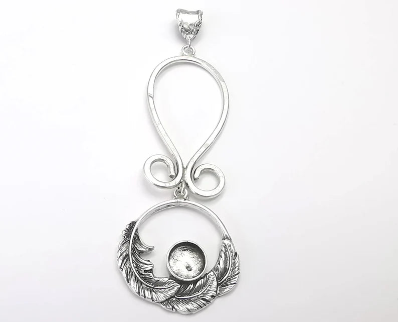 Feather Dangle Pendant Blank Resin Bezel Mosaic Mountings Cabochon setting Antique Silver Plated Brass (100x33mm)(10mm Bezel Size) G26725