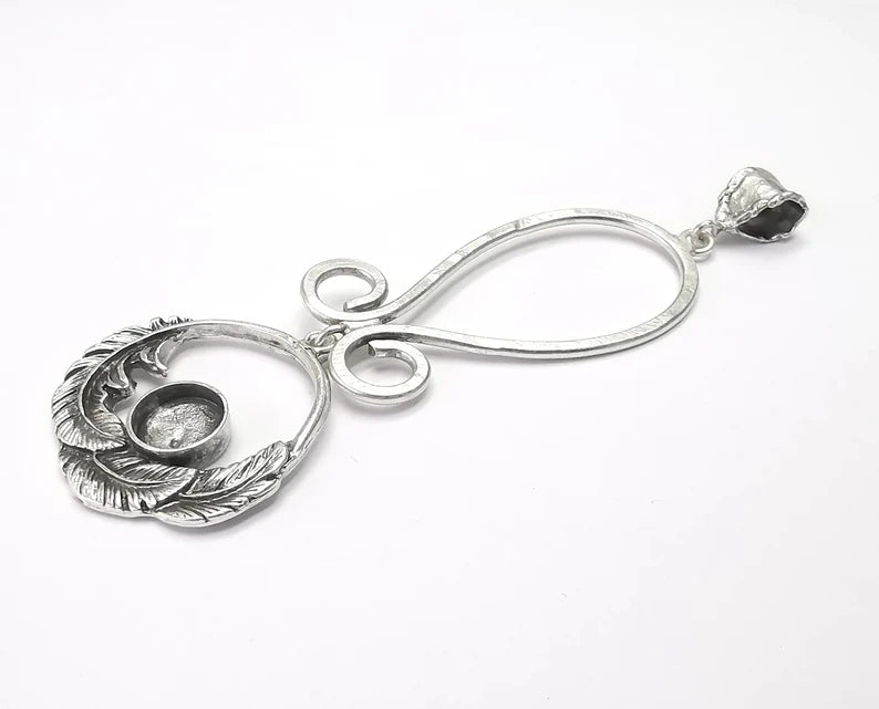 Feather Dangle Pendant Blank Resin Bezel Mosaic Mountings Cabochon setting Antique Silver Plated Brass (100x33mm)(10mm Bezel Size) G26725