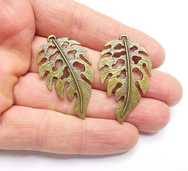2 Monstera Leaf Charms Antique Bronze Plated Charms (44x25mm) G26951