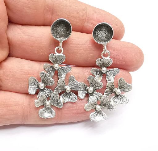 1 Pairs Flower Round Silver Earring Set Base Wire Antique Silver Plated Brass Earring Base (10mm blank) G26953