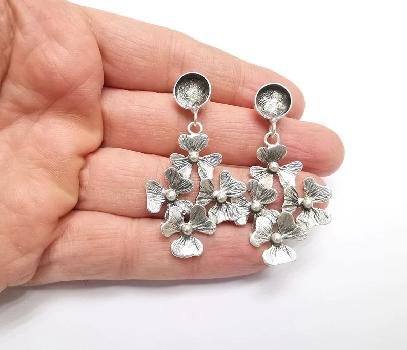 1 Pairs Flower Round Silver Earring Set Base Wire Antique Silver Plated Brass Earring Base (10mm blank) G26953