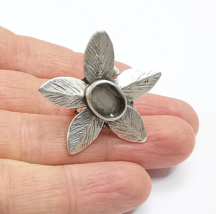 Leaf Leaves Silver Ring Setting Blank Cabochon Mounting Adjustable Ring Base Bezel Antique Silver Plated Brass (11x8mm) G26954