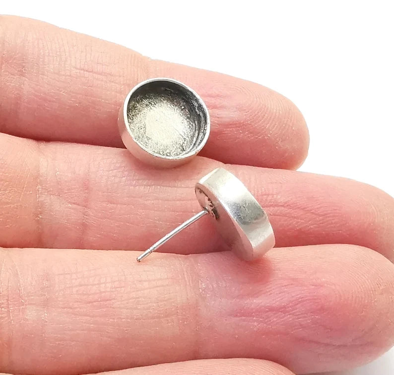 1 Pairs Round Silver Earring Set Base Wire Antique Silver Plated Brass Earring Base (12mm blank) G26961