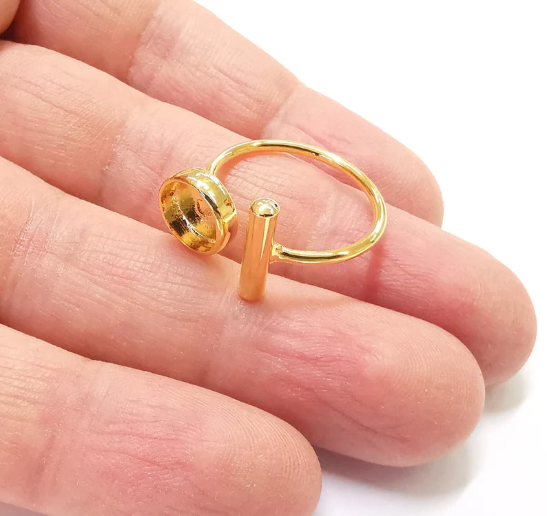Rod Round Shiny Gold Ring Bezels Settings Resin Backs Cabochon Mounting Gold Plated Brass Adjustable Ring Base (8mm blank) G26964
