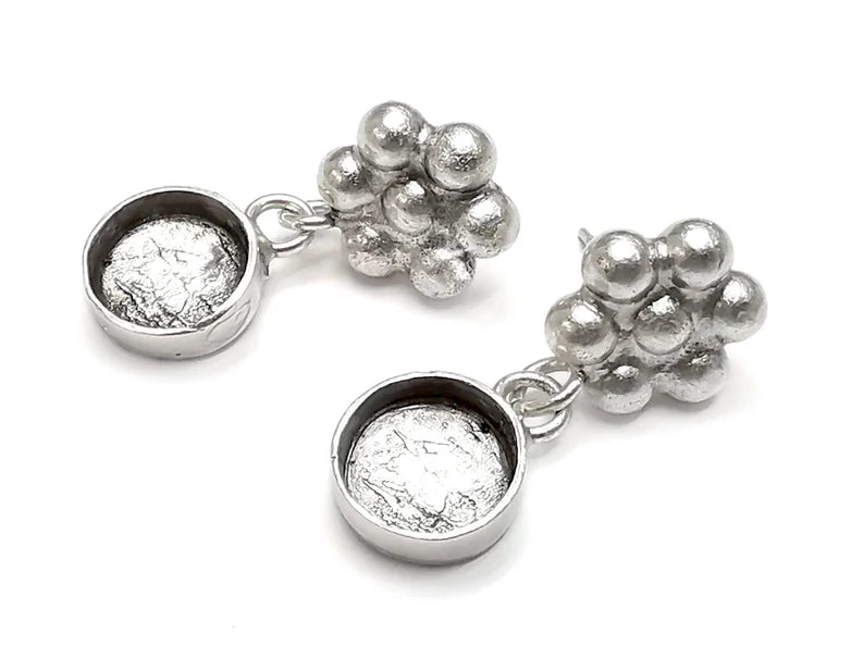 Flower Round Silver Earring Set Base Wire Antique Silver Plated Brass Earring Base (10mm blanks) G26965