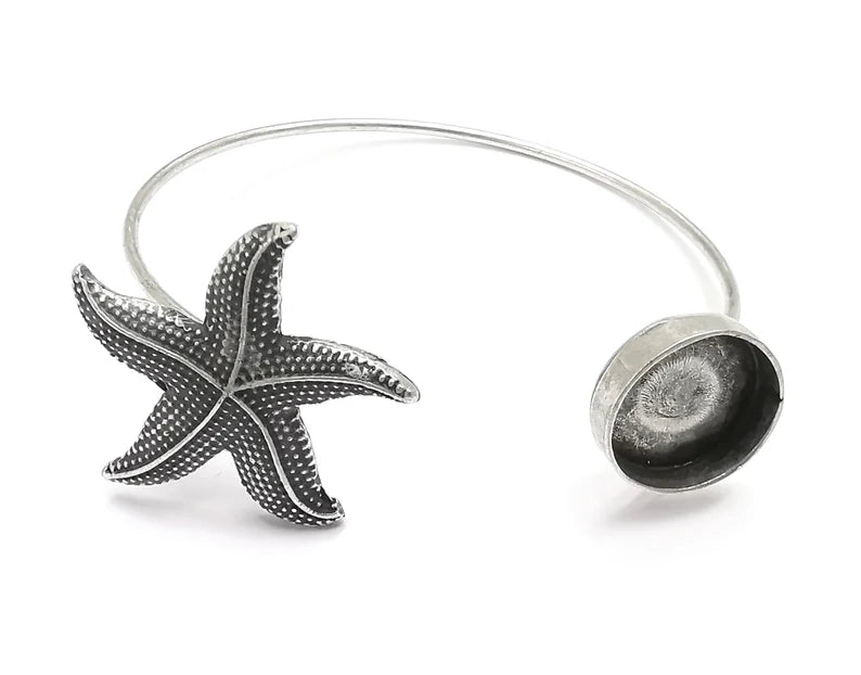 Starfish Bracelet Blanks, Cuff Bezels Cabochon Bases Resin Mountings, Cuff Frame, Antique Silver Plated Brass (14mm bezel) G26977